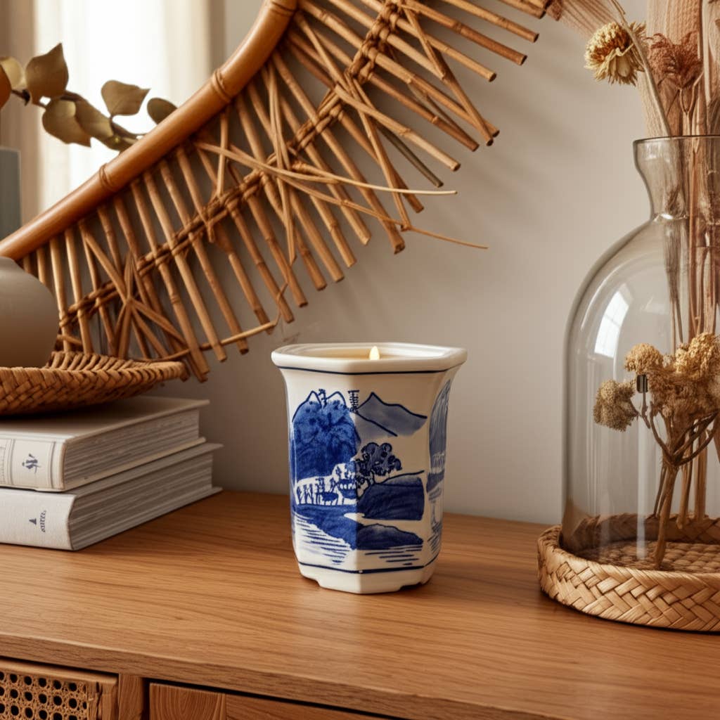 Candle - Blue Ceramic Sage and Eucalyptus Chinoiserie, 6 Oz