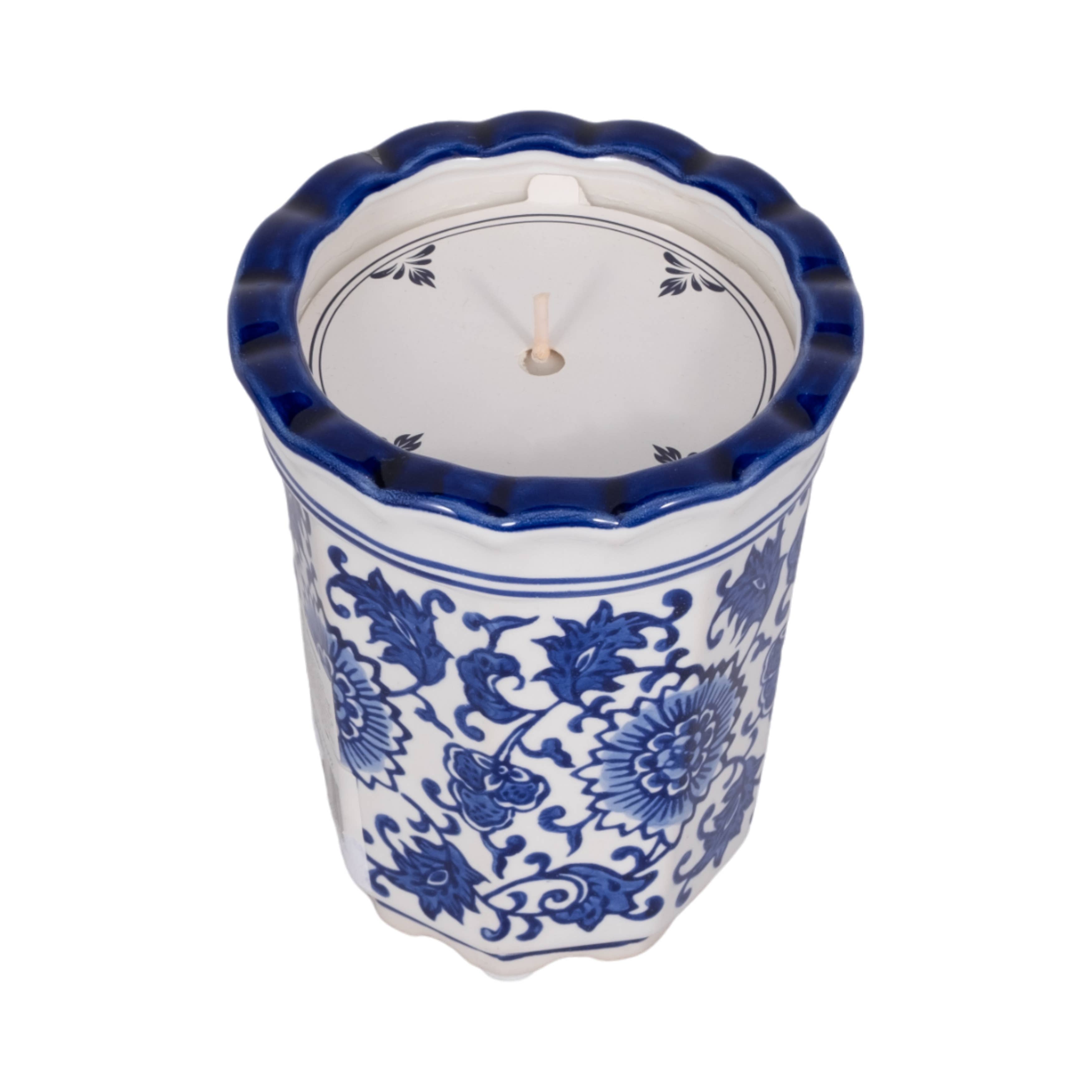 Candle - Blue/White Ceramic Fluted  Chinoiserie, 7 Oz