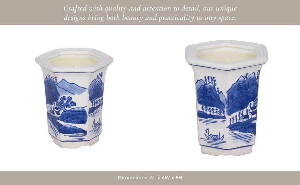 Candle - Blue Ceramic Sage and Eucalyptus Chinoiserie, 6 Oz