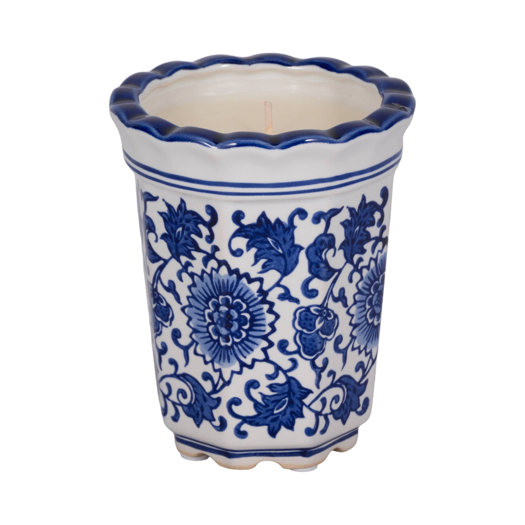 Candle - Blue/White Ceramic Fluted  Chinoiserie, 7 Oz