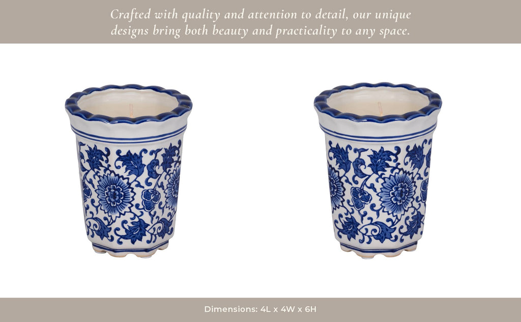 Candle - Blue/White Ceramic Fluted  Chinoiserie, 7 Oz