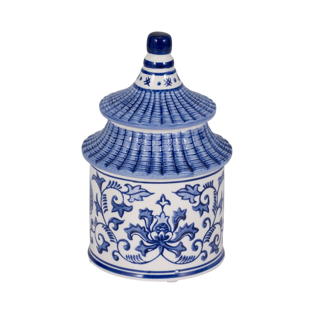 Candle - Blue Ceramic Plumeria Chinoiserie Pagoda, 9 Oz