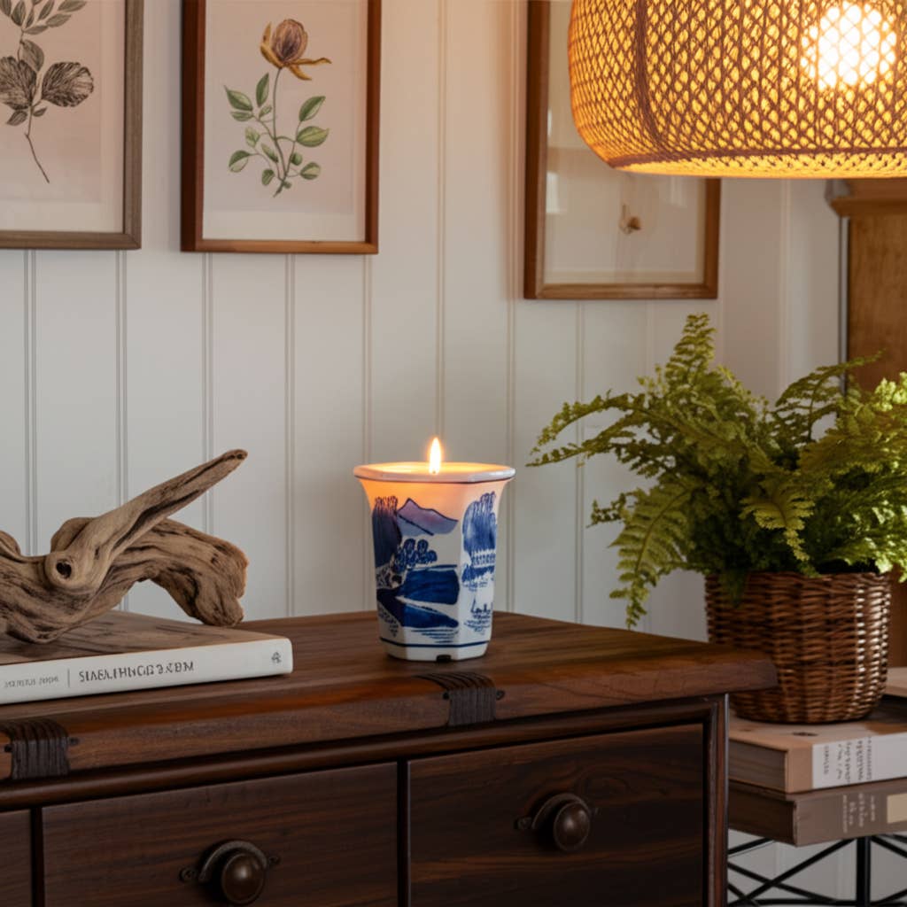 Candle - Blue Ceramic Sage and Eucalyptus Chinoiserie, 6 Oz