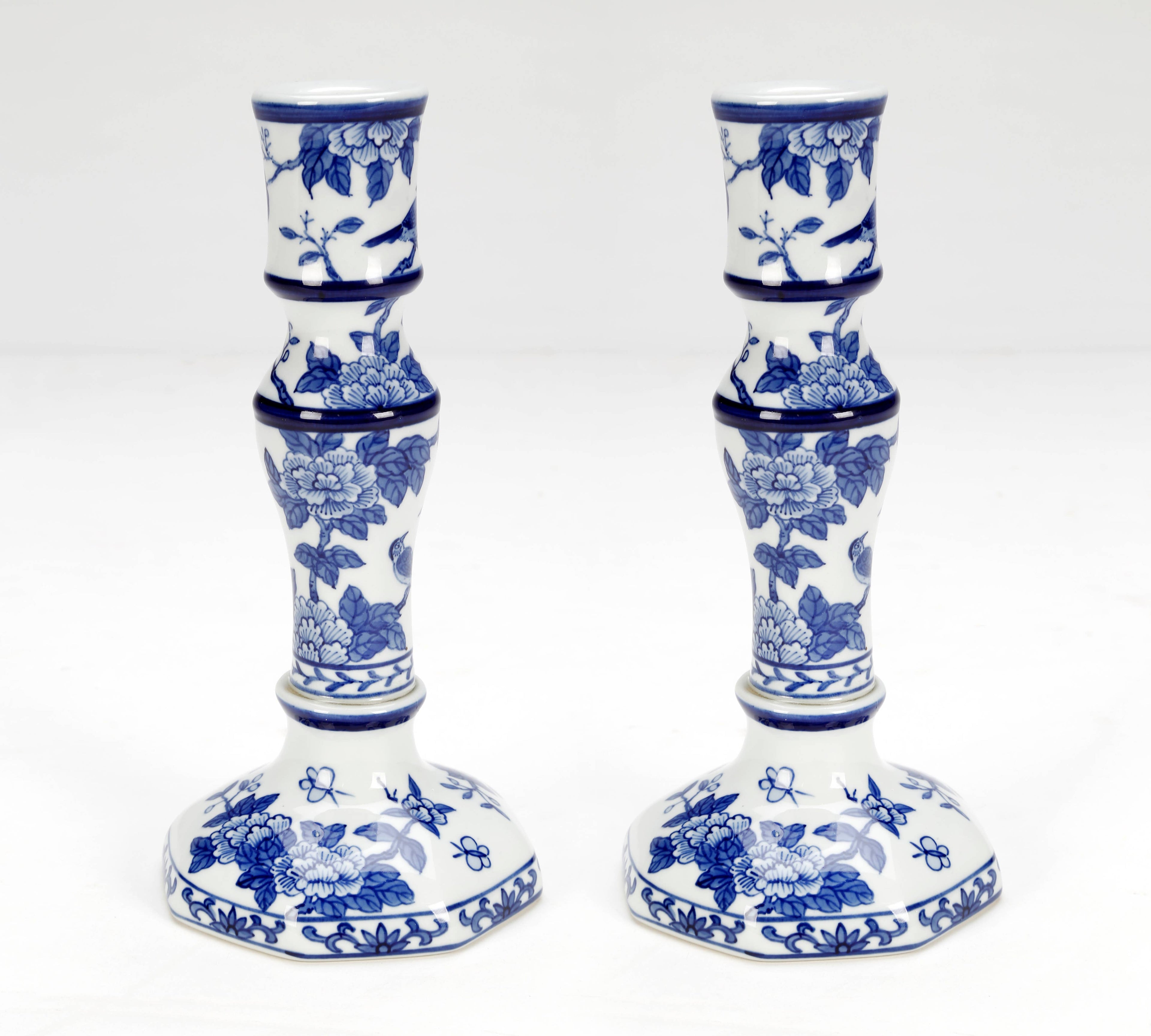 Blue and White Floral Candlestick Pair