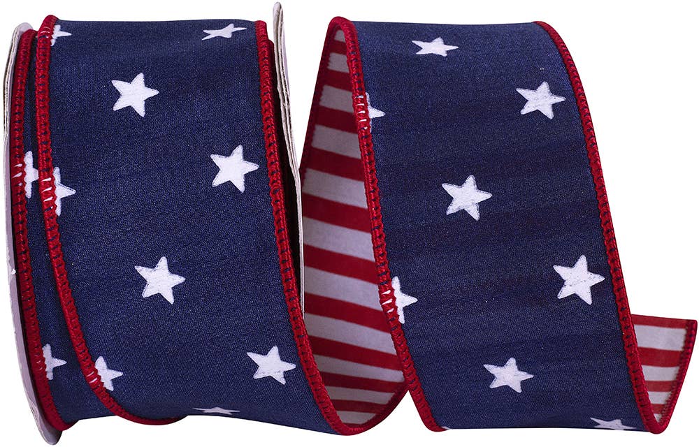 Stars Dupioni Dlx Striped Backing Wired Edge, Navy/red 40F