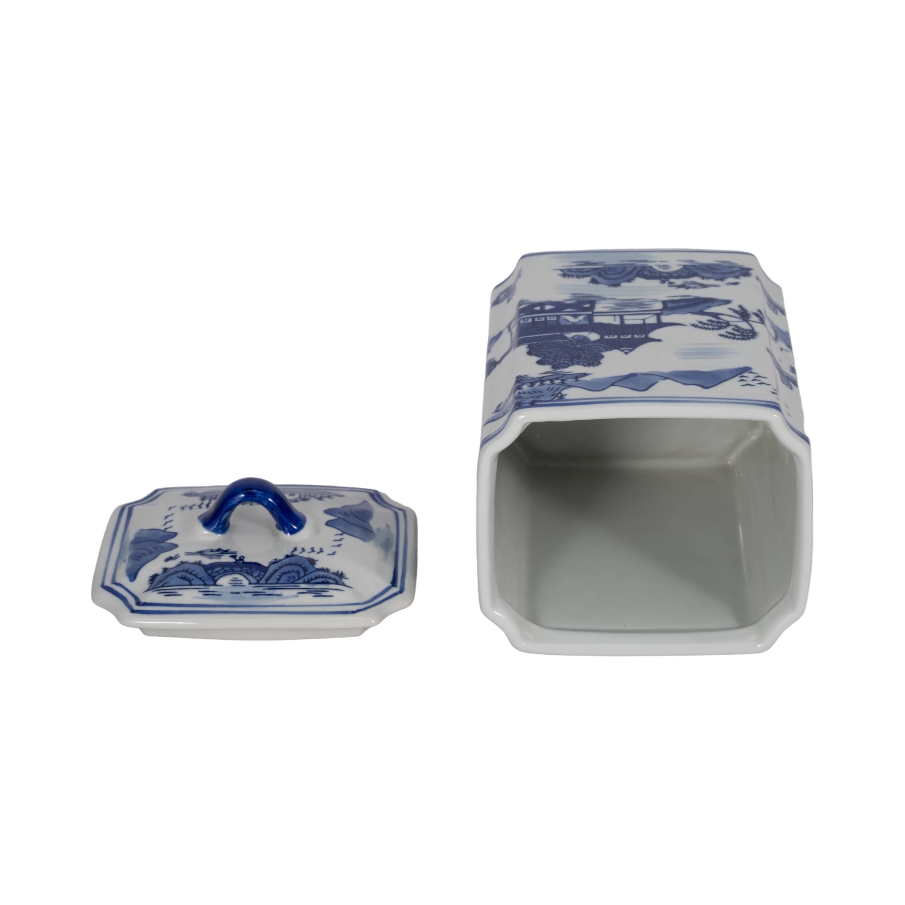 Decorative Jar - Blue Ceramic Rectangular Lidded, 9 in.